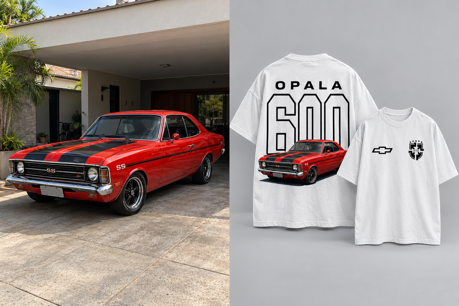 Exemplo ilustrativo: Opala vermelho na garagem e camisetas com a arte do mesmo carro
