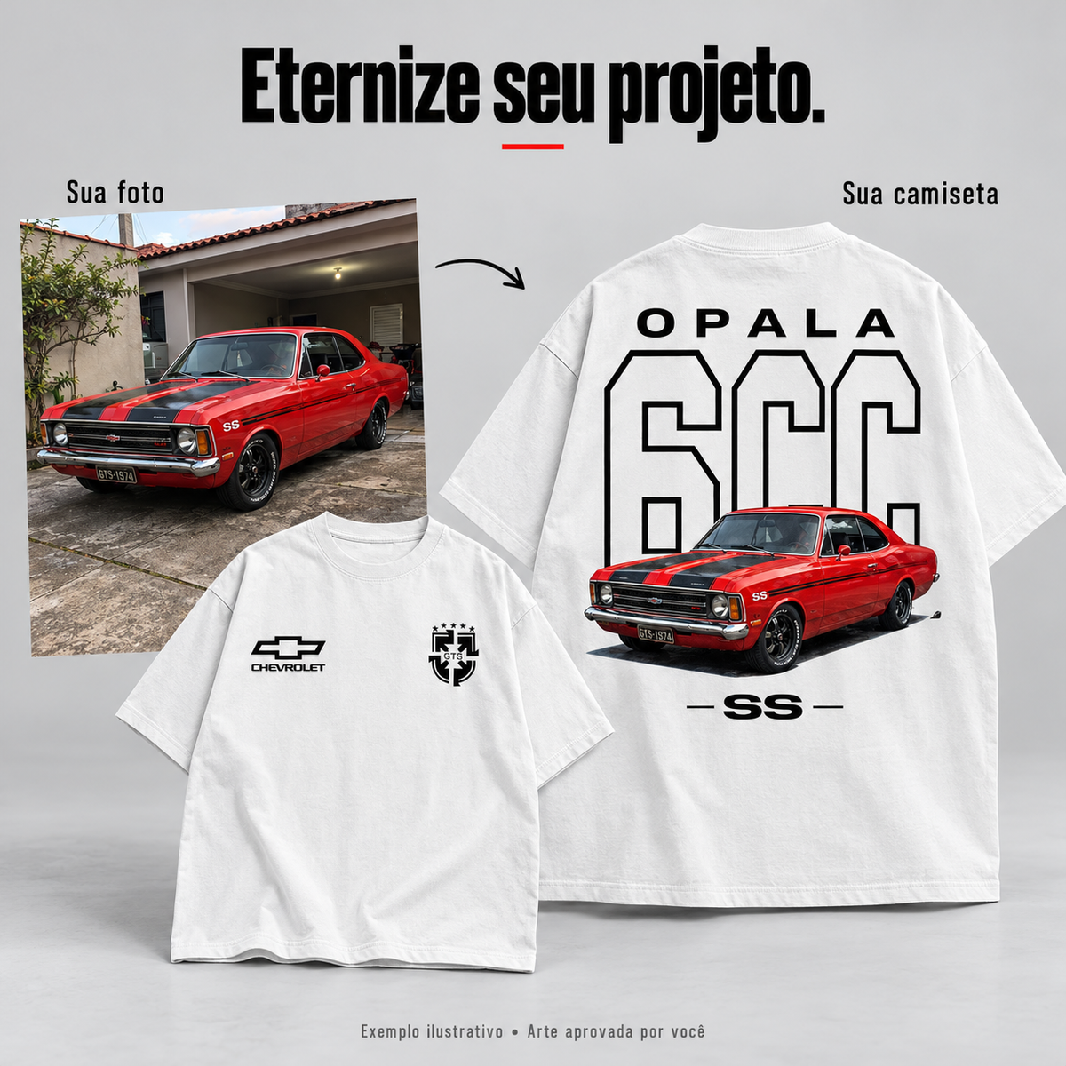 Exemplo ilustrativo: foto de um Opala vermelho transformada em camiseta personalizada GTS.