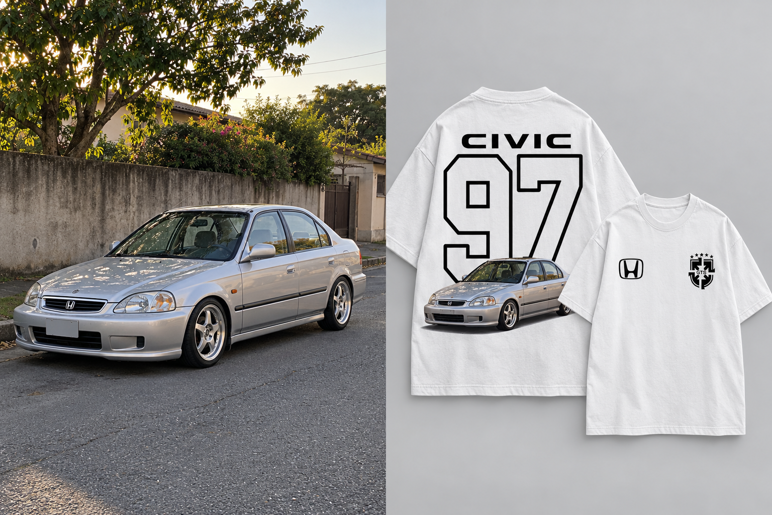 Comparativo ilustrativo de Civic: foto de referência e camiseta personalizada