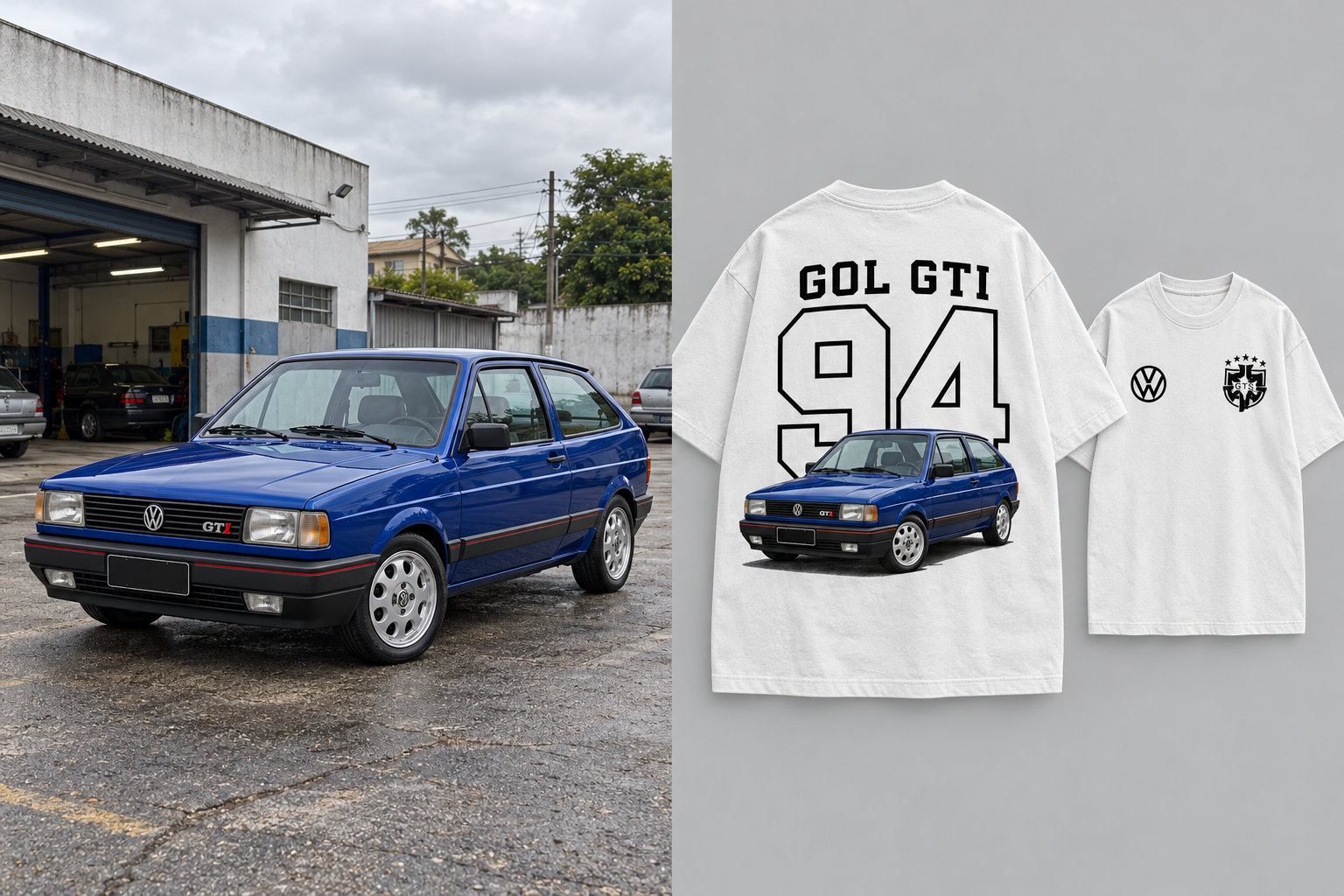 Comparativo ilustrativo de Gol GTI: foto de referência e camiseta personalizada